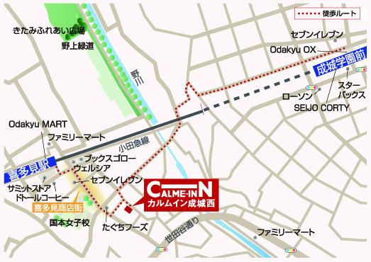 【地図】小田急小田原線「喜多見」駅へ商店街を通って徒歩5分。