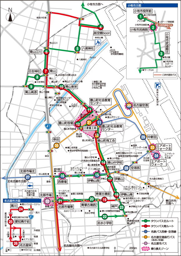 【地図】各方面へのアクセスが便利なバスが充実。名古屋市栄や愛知県庁などへ30分～40分でアクセス。