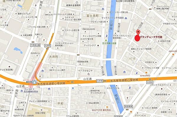 【地図】本物件は山王通から入った住宅街にあります。