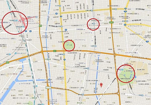 【地図】名古屋の中心地からも近く、物件周辺は大手法人が数多くあるエリアです。