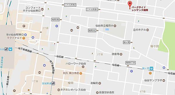 【地図】榴ヶ岡公園まで徒歩４分（春にはお花見が出来ます）
