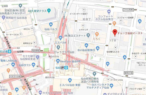 【地図】ドゥーエ仙台イースト・地図、仙台駅徒歩５分の好立地マンションです。
