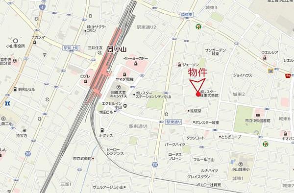【地図】広域地図：JR小山駅まで徒歩10分圏内です。電車通勤の方には特にお勧めです。