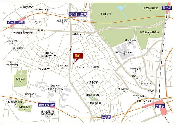 【地図】渋谷区神山町アドレスです。代々木公園駅、代々木八幡駅から徒歩9分の立地です。山手通りとは反対側の開口で静かです。