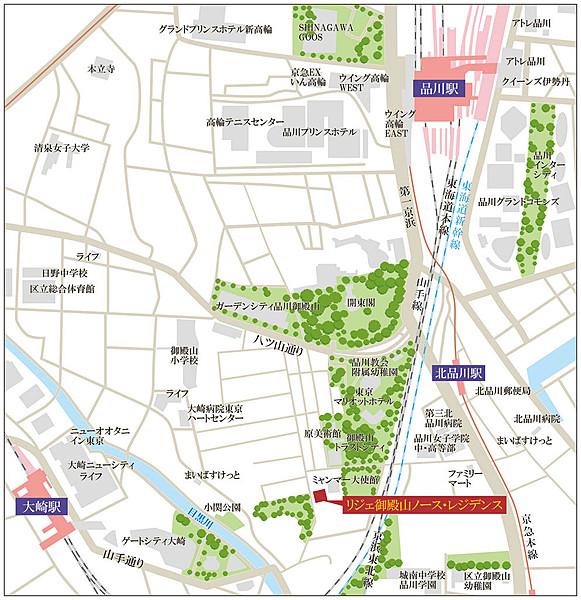 【地図】御殿山の高台になります。大崎駅、北品川駅利用可です。近隣にはミャンマー大使館や開東閣があります。