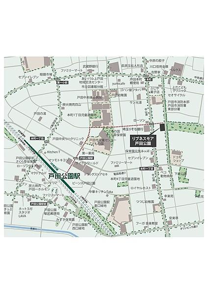 【地図】戸田公園徒歩8分フラットアプローチ。