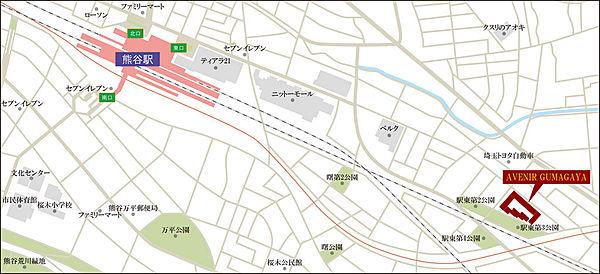 【地図】熊谷駅徒歩12分です。駅からフラットで歩きやすい道のりです。