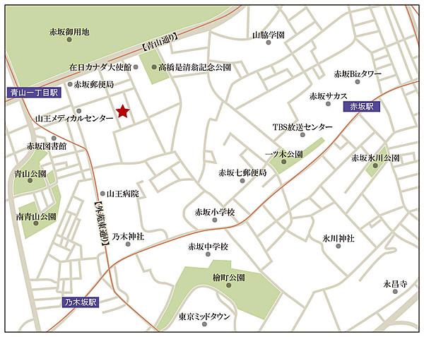 【地図】青山一丁目駅徒歩4分立地です。乃木坂駅も利用可能です。駅近とは思えない静かな場所です。