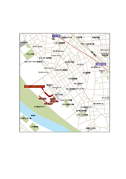 【地図】東急多摩川線「下丸子」駅徒歩11分、東急多摩川線「武蔵新田」駅徒歩11分。どちらの駅の商店街も楽しめます。