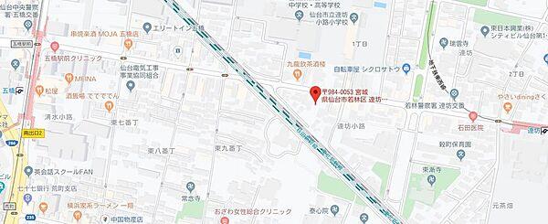 【地図】仙台中心部へのアクセス良好。コンビニ徒歩1分。