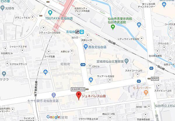 【地図】北仙台駅すぐそば。