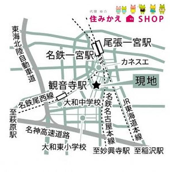 【地図】JR東海道本線「尾張一宮」駅徒歩13分。「名古屋」駅まで1本でアクセス可能！名神高速道路・東海北陸自動車道が近くを走っており、お車での交通アクセスも良好です！