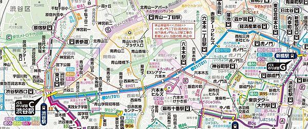 【地図】都01新橋駅～渋谷駅　六本木六丁目バス停(六本木EXシアター前)