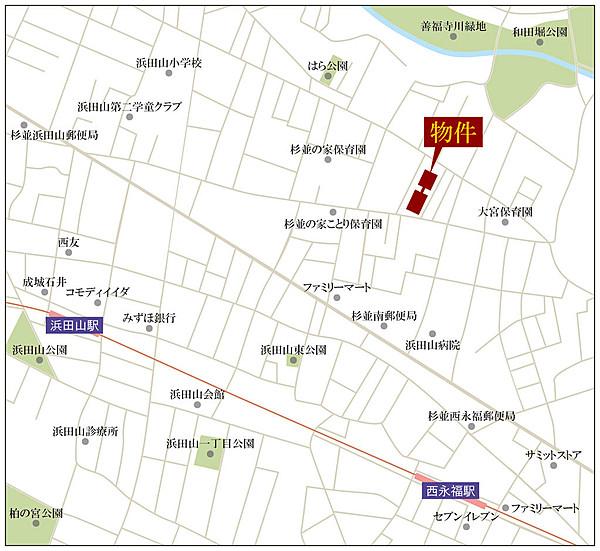 【地図】西永福駅徒歩10分、浜田山駅徒歩12分の距離です。ほぼフラットは道のりなので歩きにくさはありません。スーパー、病院、小学校、コンビニ等ほぼ10分圏内にあります。