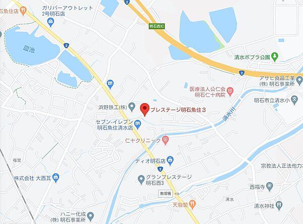 【地図】清水小学校、魚住中学校