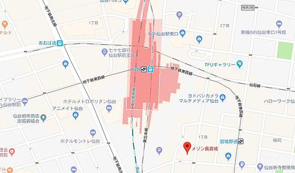 【地図】仙台駅徒歩圏内の好立地マンションです。
