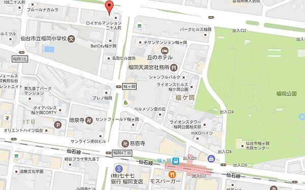 【地図】JR仙石線「榴ヶ岡駅」徒歩8分。駅周辺には公園、みやぎ生協、やまや、ドラックストアなどありお買い物にも便利です。