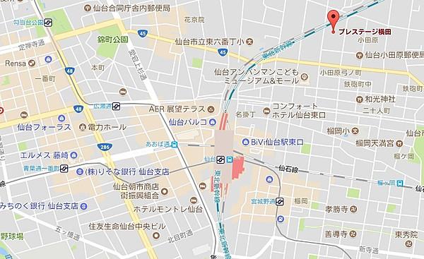 【地図】仙台駅・中心部徒歩圏内の立地です。
