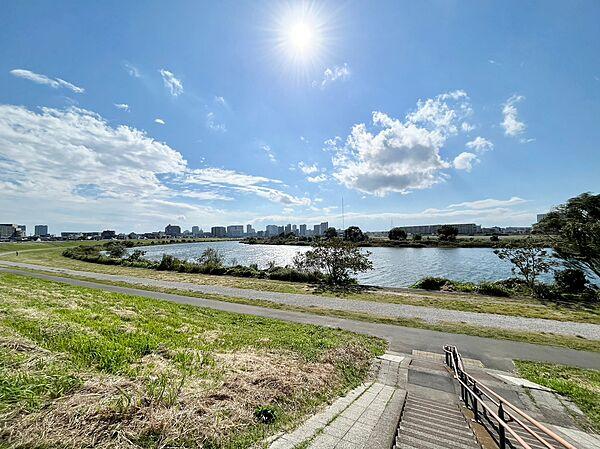 【外観】マンションのすぐ近くに多摩川大橋緑地が広がっており、お散歩などにものロケーションです。