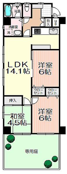 【外観】1階部分・専有面積68.64？・開放感のある角部屋・広々とした19.63？の専用庭のあるゆとりある3LDKのお住まい。