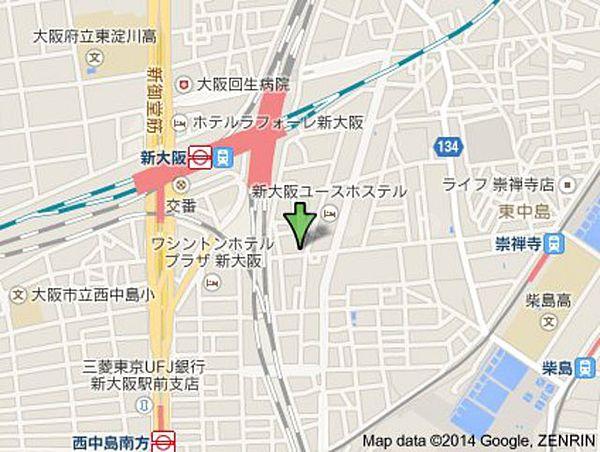 【地図】新大阪駅から徒歩圏内。