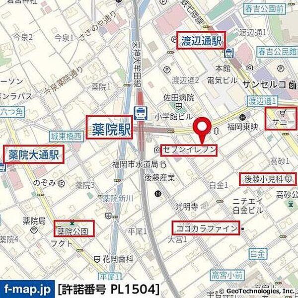 【地図】地下鉄七隈線「薬院」駅まで徒歩5分。天神までも徒歩で通えます。