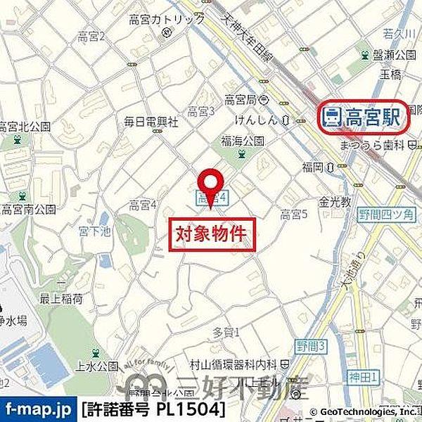 【地図】西鉄天神大牟田線「高宮」駅まで徒歩6分。坂もなく平坦です！