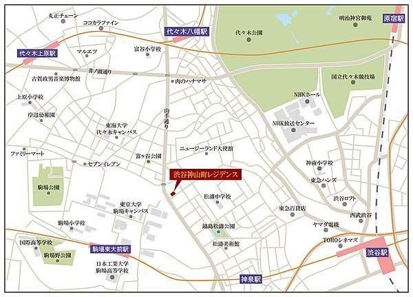 【地図】山手通り沿いですが、建物近辺は特に歩道幅が広いです。西側は東京大学側で、開放感あります。