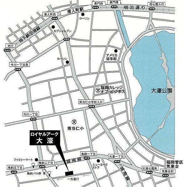 【地図】唐人町駅徒歩１４分・六本松駅徒歩１２分