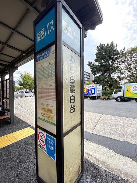 【周辺】【バス停】阪急バス『ゆらら藤白台』停です。こちらのバス停からは千里中央方面へ向かうことができます。平日、土日ともに１時間に１～２本の運行ですのでご注意ください。千里中央までは乗車約２３分です。