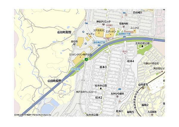 【地図】ミリオンタウン神戸北町、コア北町ショッピングセンターまで徒歩5分以内。生活に便利な立地です