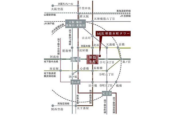 【地図】MJR堺筋本町タワー　大阪市内を縦横無尽に駆け巡る好立地