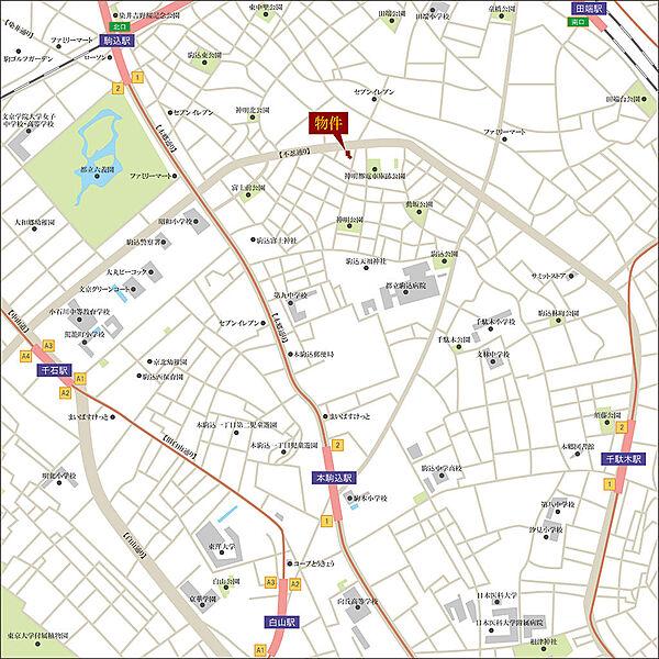 【地図】MAP：山手線沿線「駒込」駅より徒歩８分の好立地！生活利便の高いエリアと趣ある六義園などの癒しのエリアとなっております。