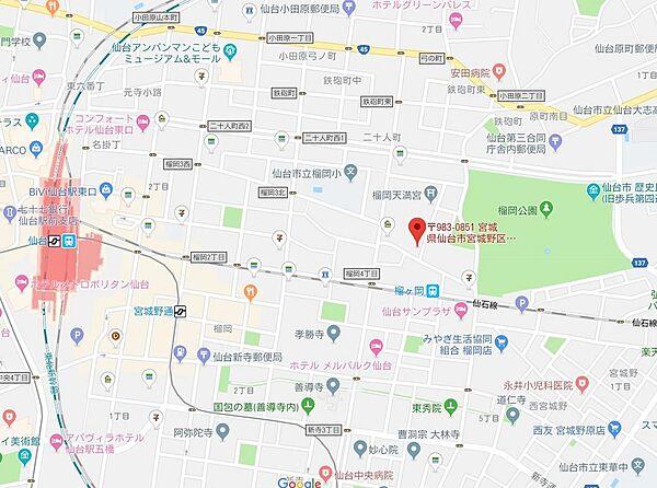 【地図】榴ヶ岡駅まで徒歩2分、仙台駅も徒歩11分の好立地