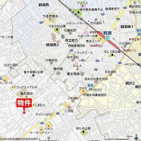 【地図】東武東上線「鶴瀬駅」より徒歩１２分です。