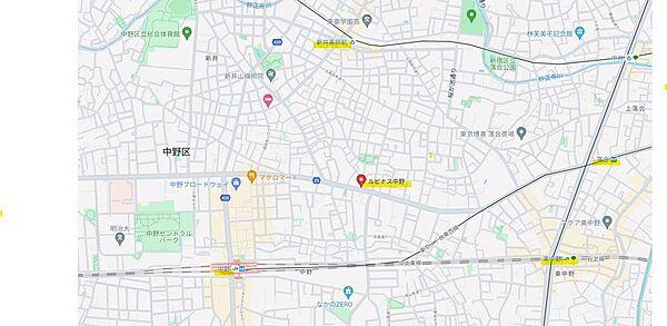 【地図】JR中央線「中野」駅・西武新宿線「新井薬師前」駅まで徒歩12分！「新宿」駅までバス便有り♪　駅周辺には商業施設が充実しており、お仕事帰りにもショッピングが楽しめます♪