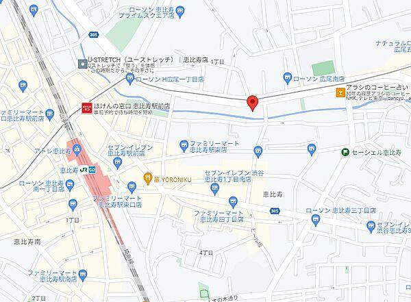 【地図】恵比寿駅7分、広尾駅12分。緑の多い明治通りに位置しており、恵比寿・広尾が生活エリアになる素敵なお住まいです。
