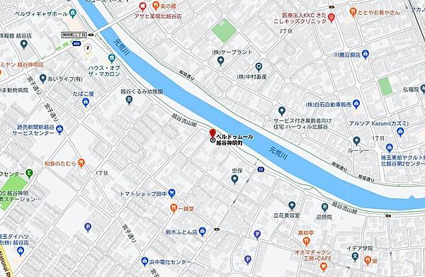 【地図】越谷駅まで徒歩8分とアクセス良好。JR武蔵野線も利用できます。